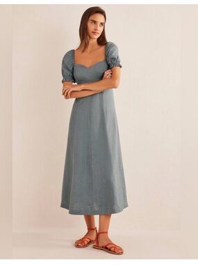 Boden linen sweetheart neck midi dress puff sleeve prairie cottagecore 16